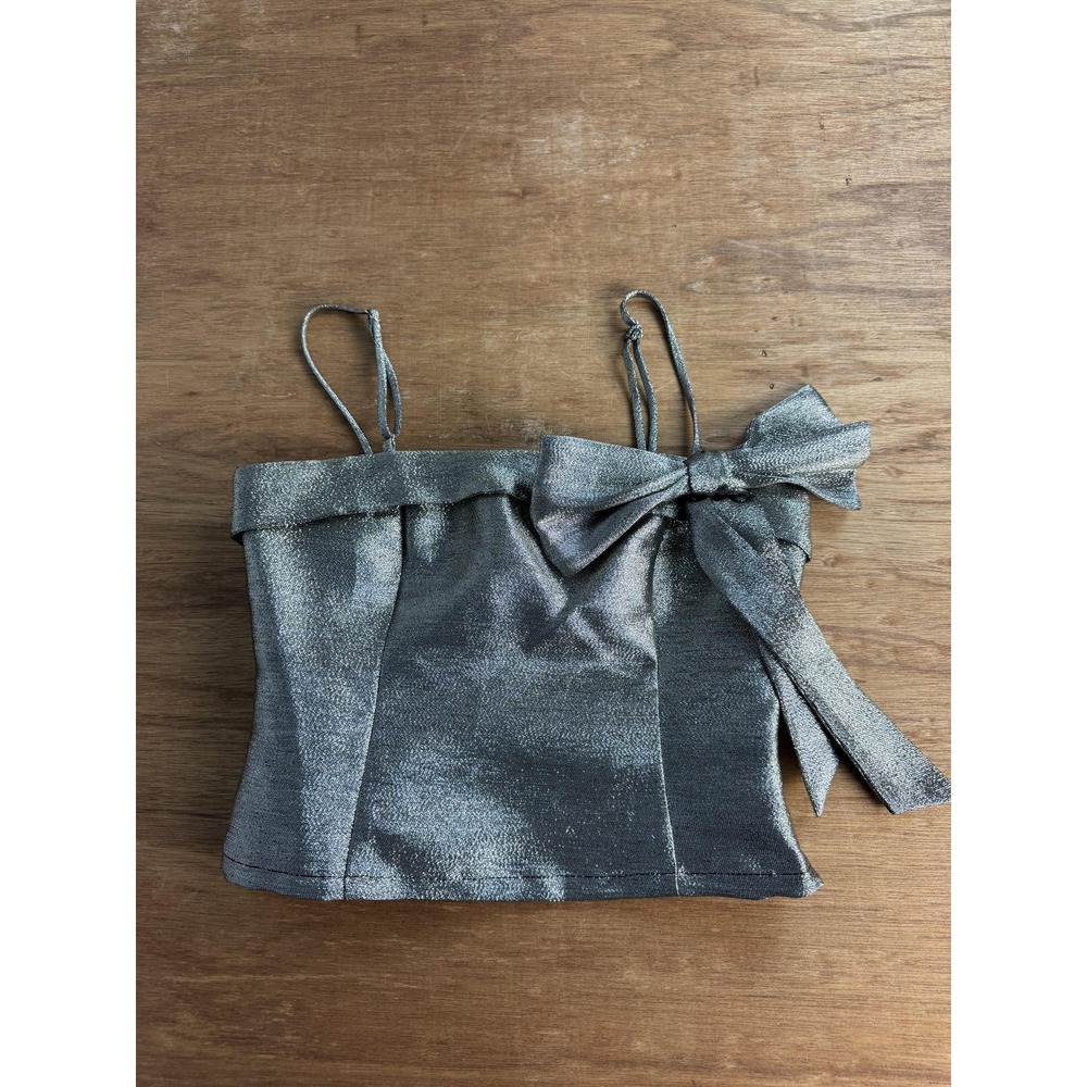 Lovers + Friends Ares Cami Tank Top Women's XS Silver Metallic Bow Party Cropped